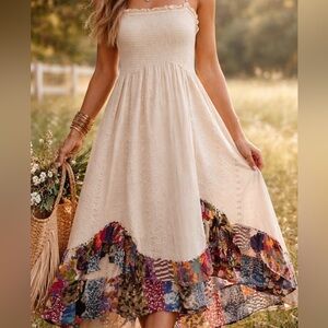 NWT- Boho Mid-Length Pocket Dress - Sun-Kissed Patchwork Smocked Bliss Latte